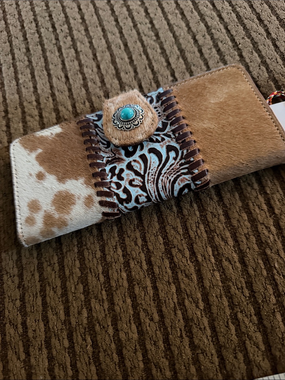 Myra Wallet Brown & White Cowhide Clutch with Turquoise Concho
